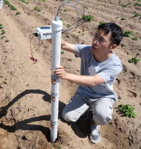 Mit Sensoren bestückte Stange wird im Ackerboden eingegraben (Foto: Kuan-Yu, wisc.edu)