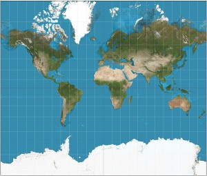 Die Mercator-Projektion der Erdoberfläche ist keine Scheibe (Bild: Daniel R. Strebe, 2011)